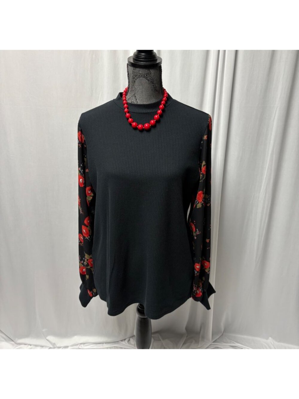 Cruel Denim Top Womens XL Ribbled Black Knit Floral Chiffon Sleeves Mock Neck